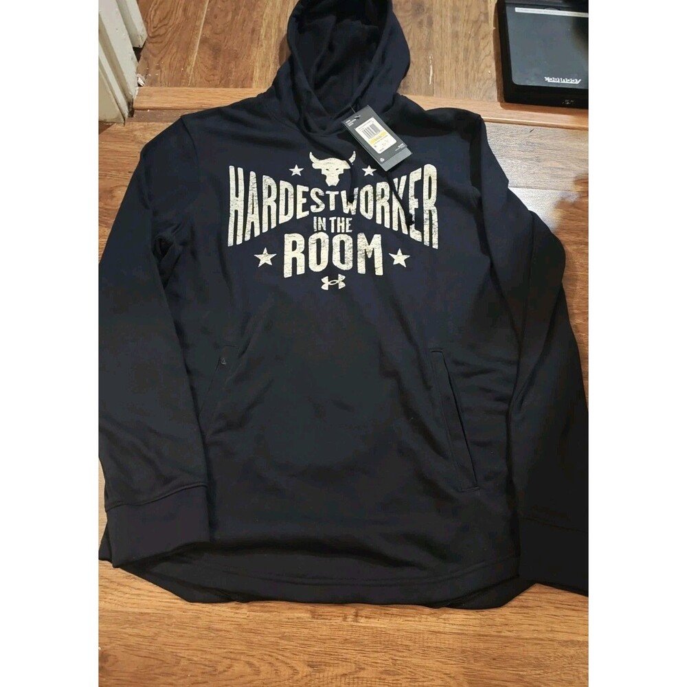 NWT Under Armour Project Rock Mens M Terry Pullover Hoodie Black Hardest Worker